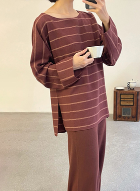 Cha 官方 | Cortana VIENTO 酒红条纹羊毛侧开衩长上衣
