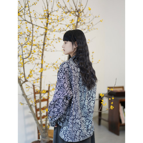 凤凰藤曼印花棉麻双口袋长袖衬衫