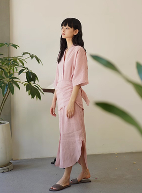 Cha 官方 | Cortana Cleo丝麻混纺条纹短袖连衣裙