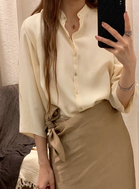 Cha 官方 | Cortana Alba真丝圆领半袖宽松衬衫