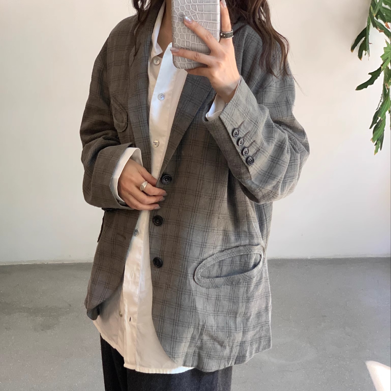 Cha 官方 | ATE SIMO 25秋冬 冷染丝麻格纹驳领长袖口袋西服外套