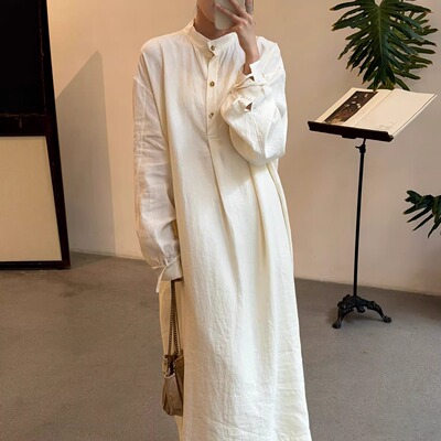 丝麻混纺手工纽扣系带衬衫裙