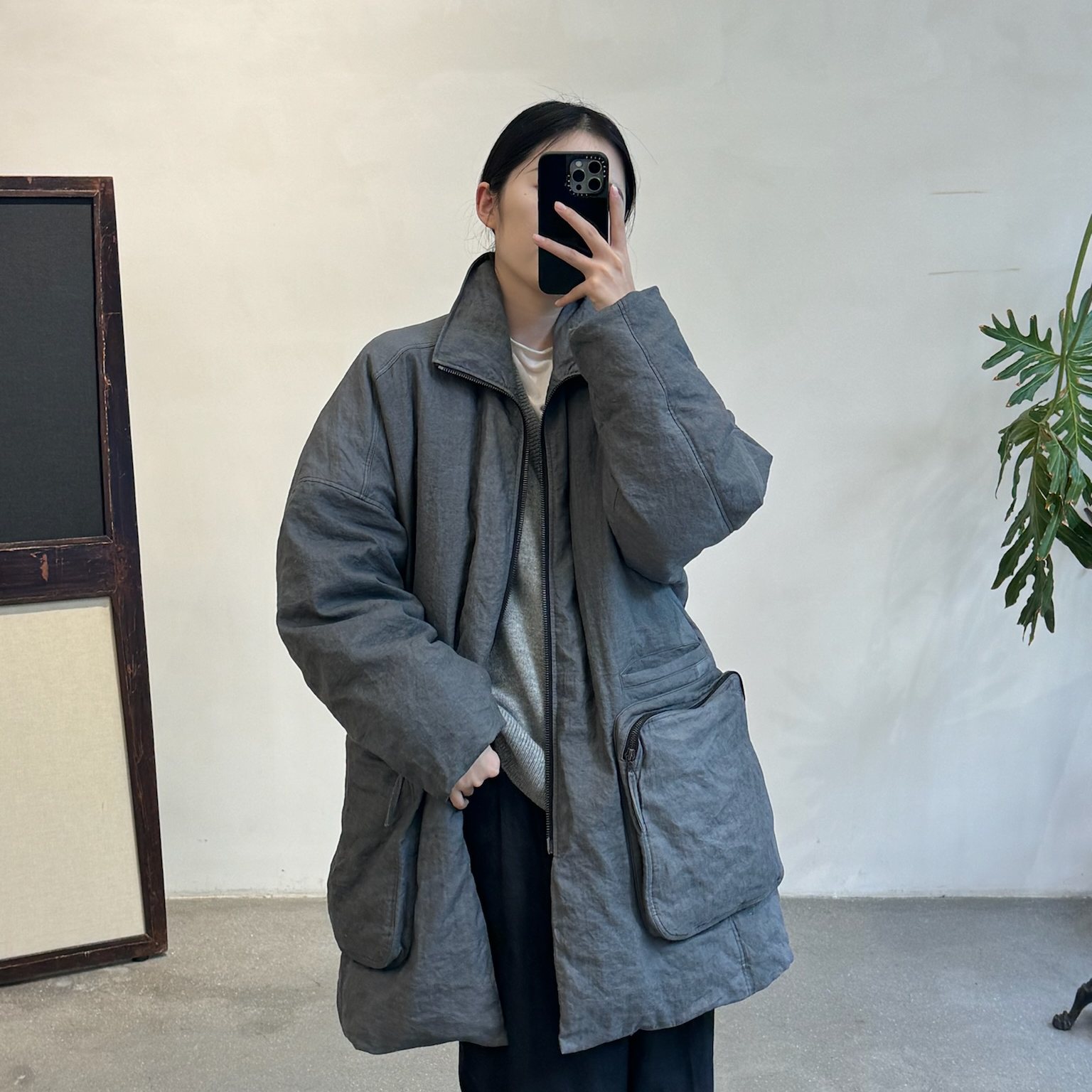 Cha 官方 | ATE SIMO 25秋冬 棉麻金属丝混纺斜纹翻领拉链羽绒服