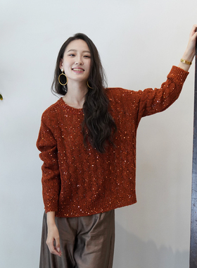 限量独家色 | io 意大利高奢羊绒真丝亮片绞花落日橙圆领针织衫