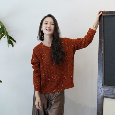 限量独家色 | io 意大利高奢羊绒真丝亮片绞花落日橙圆领针织衫