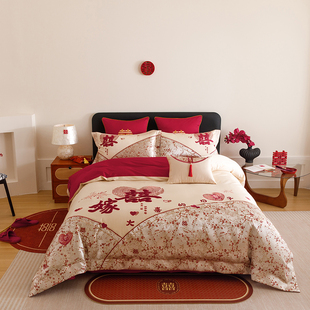 简约双喜刺绣婚庆四件套2026新款大红色床单喜被高档结婚床上用品