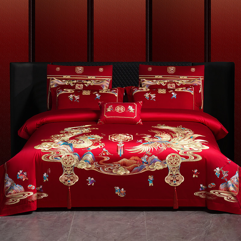 良缘阁高端婚庆四件套结婚大红色长绒棉床品喜被套龙凤刺绣十件套,床上用品,婚庆床品套件,淘宝优惠券,粉丝福利购,淘宝优惠卷