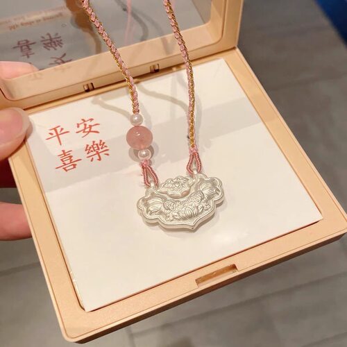 足银999锦鲤锁包双鱼莲花纯银平安锁手工编织项链节日生日礼物