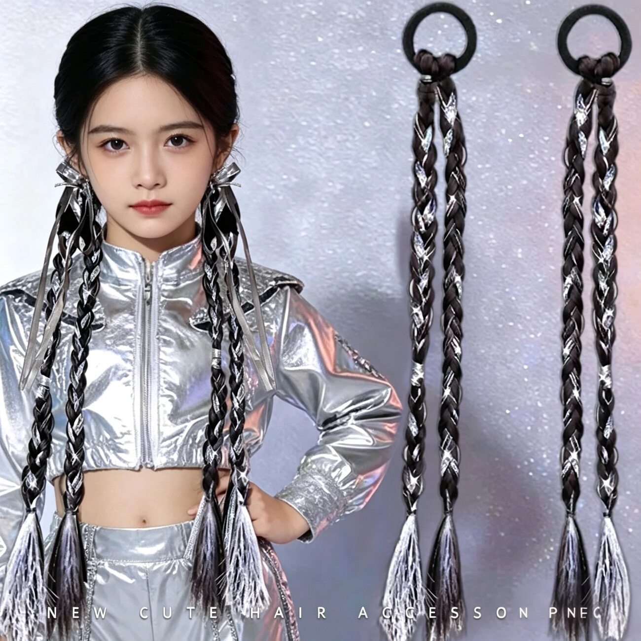 儿童爵士舞头饰银色编发绳假发辫子女孩街舞表演发饰女童jazz脏辫