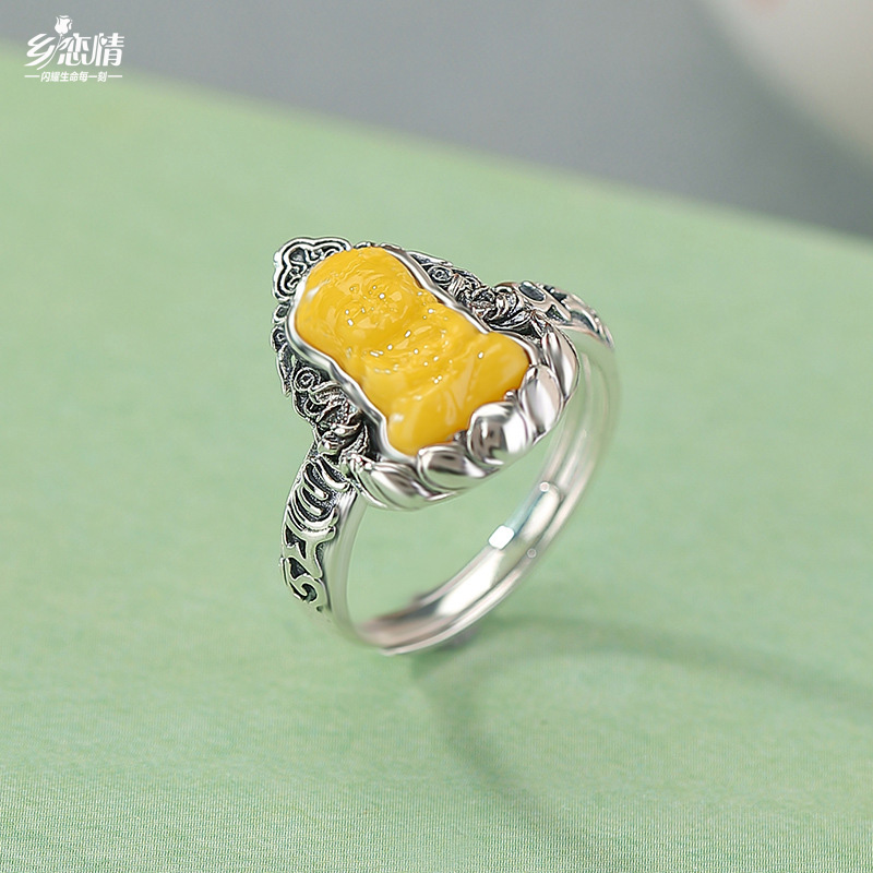 S925纯银蜜蜡莲花佛像戒指