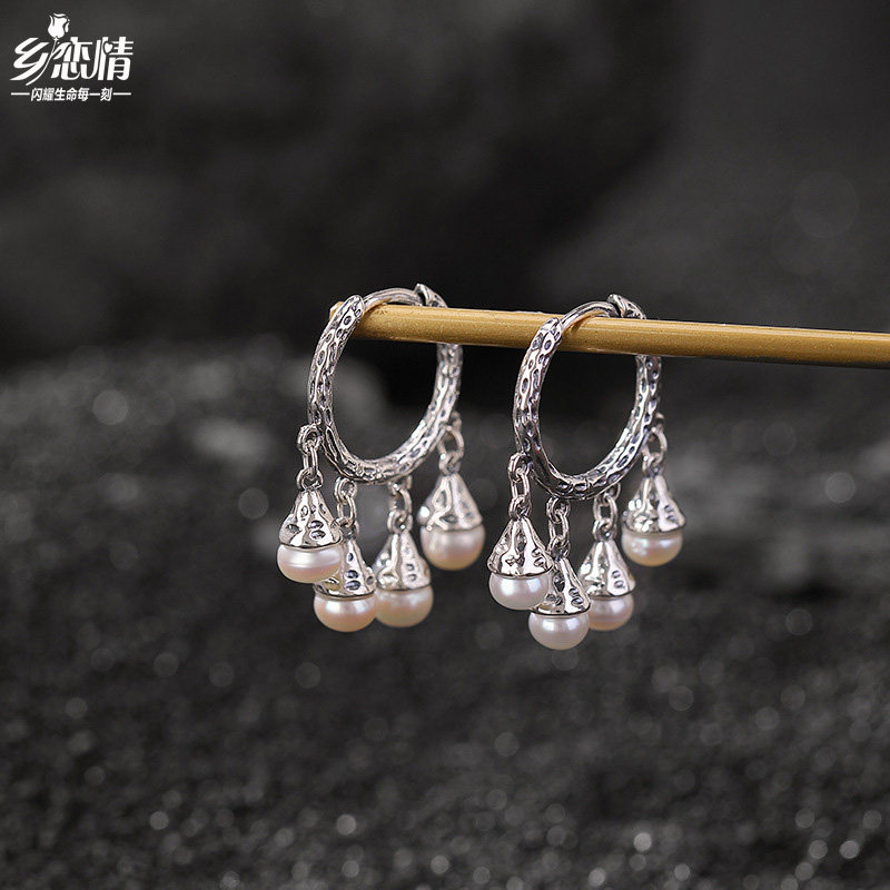 S925纯银淡水珍珠复古做旧不规则锤纹圆珠耳环气质长款耳坠时尚,饰品/流行首饰/时尚饰品新,耳环,淘宝优惠券,粉丝福利购,淘宝优惠卷