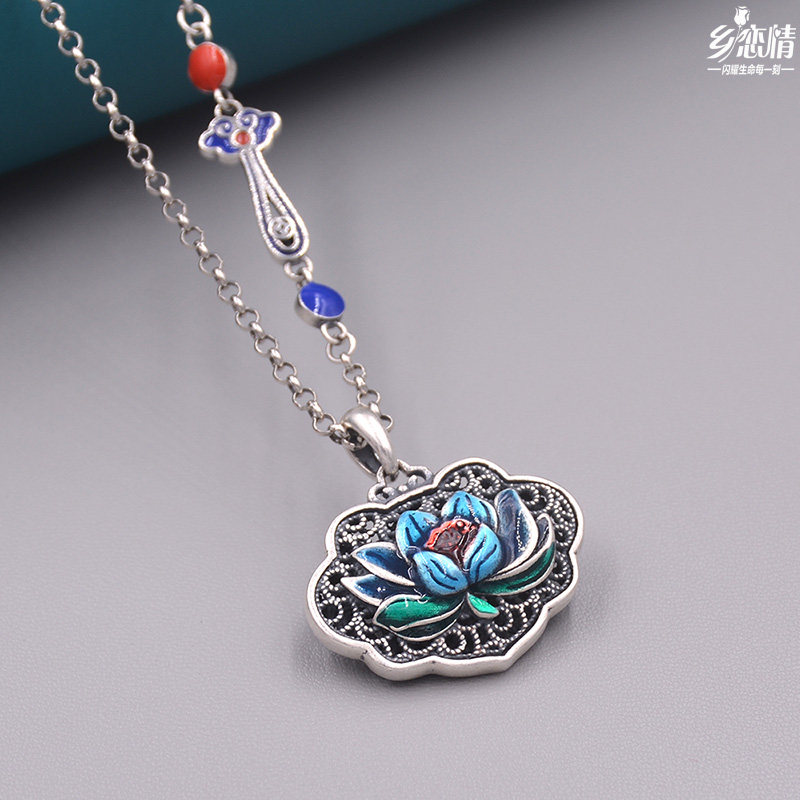 莲花平安锁99足银吊坠项链S925如意链锁骨链复古珐琅正品小众设计