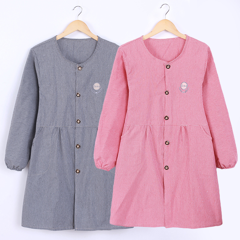 长袖棉格系扣正穿衣防污