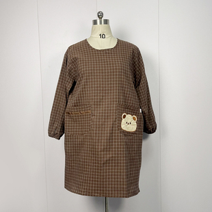 韩版新款棉布透气长袖围裙女家用厨房可爱卡通罩衣黑色防污工作服