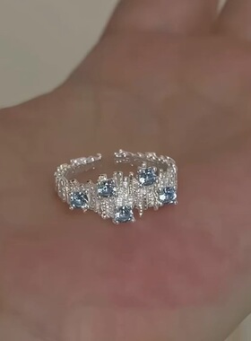 S925镀银甜美蓝色不规则戒指女精致优雅轻奢时尚百搭开口指环ins