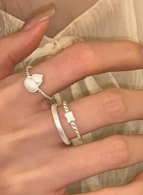 S925镀银甜酷百搭素圈雾面哑光戒指女ins风小众设计感开口指环个