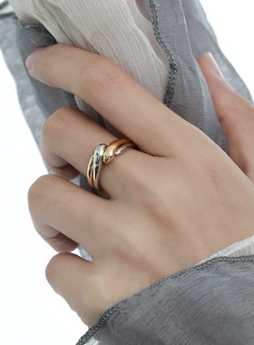 波浪弯曲缠绕戒指女简约冷淡风金银撞色S925镀银开口指环食指戒潮