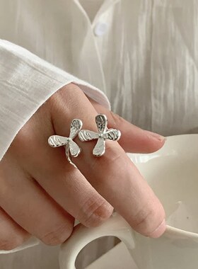 S925镀银甜美花朵花瓣戒指女百搭时尚个性叠戴开口指环小众设计感