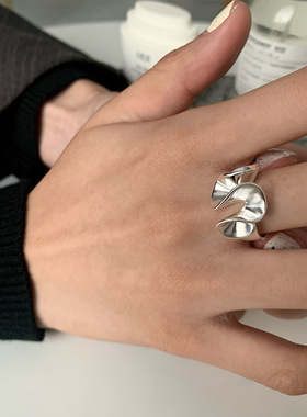 韩版S925银个性几何扭曲戒指女复古时尚创意荷叶开口指环食指戒潮
