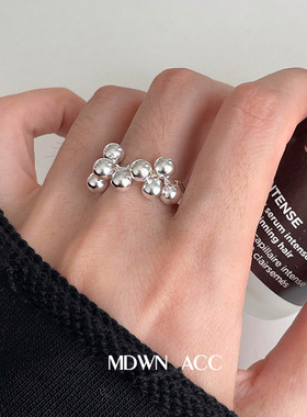 S925镀银一串硕果戒指女圆球吊坠葡萄镀银开口指环时尚小众气质食