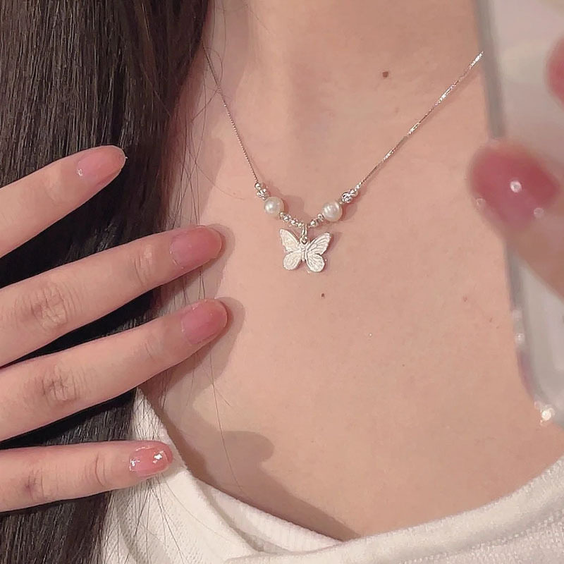 S925镀银甜美精致蝴蝶项链女叠戴气质时尚个性镀银锁骨链网红小众