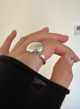 S925镀银欧美简约不规则蛋面光亮戒指女冷淡风个性开口指环网红食