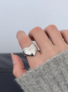 S925镀银简约爱心字母戒指女时尚重工个性开口指环小众设计感网红