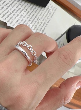 S925镀银甜酷双层链条戒指女几何素圈线条个性百搭开口指环小众设
