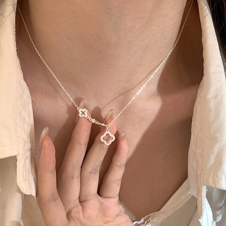 S925镀银甜美镂空四叶吊坠项链女精致轻奢时尚百搭气质锁骨链ins