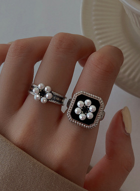 S925镀银欧美镀银精致仿珍珠花朵戒指女复古宫廷风优雅开口指环食
