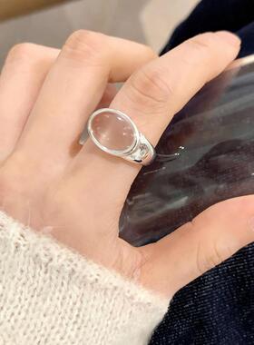 S925镀银简约几何椭圆清透石戒指女ins风甜美精致优雅开口指环创
