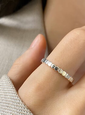 S925镀银简约方块百搭戒指女细圈叠戴个性时尚ins风开口指环小众