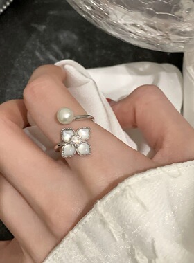 S925镀银甜美精致花朵戒指女轻奢仿珍珠交叉开口指环ins风小众网