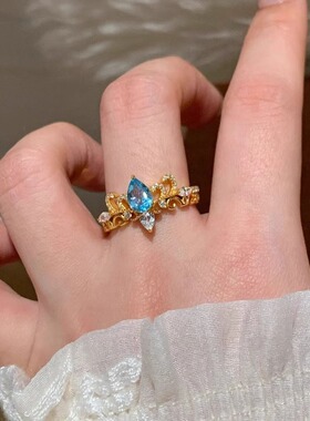 S925镀银蓝眼泪皇冠水滴戒指女轻奢精致法式复古宫廷风开口指环个