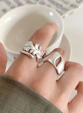S925镀银甜酷银杏树叶戒指女几何不规则镂空百搭叠戴开口指环ins