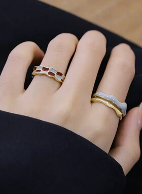 S925镀银简约双层棋盘格戒指女时尚气质网格镀银开口指环甜酷食指