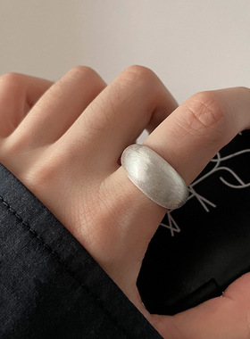 S925镀银极简椭圆拉丝戒指女时尚冷淡风高级感镀银开口指环嘻哈食