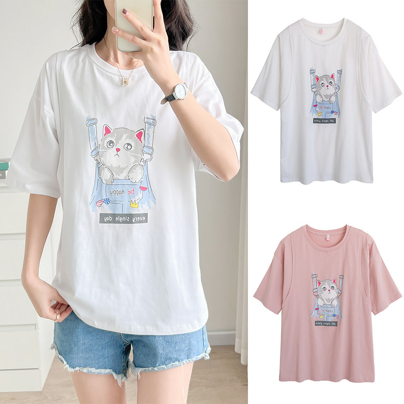 纯棉薄款产后哺乳上衣外出辣妈款短袖T恤喂奶浦乳期衣服半袖夏装