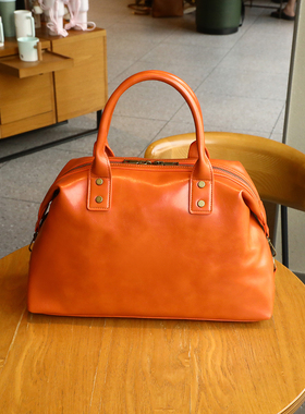 独鹰欧美新品复古橙色软皮波士顿包女手提包大容量百搭单肩包通勤