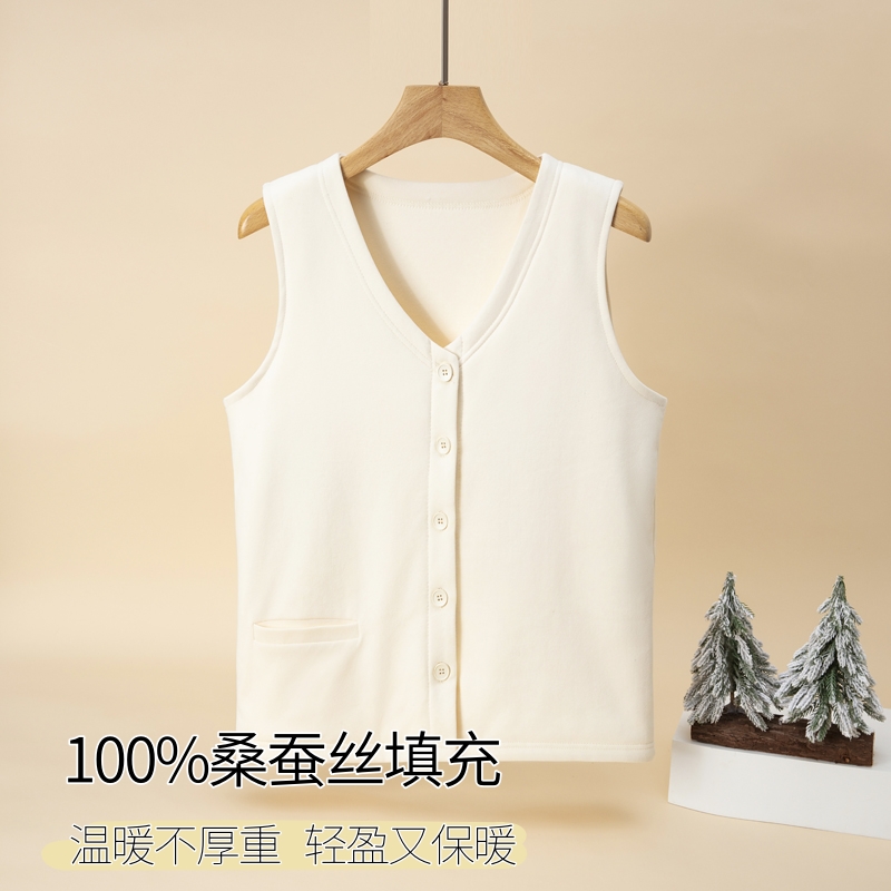 100%桑蚕丝V领保暖背心女马甲