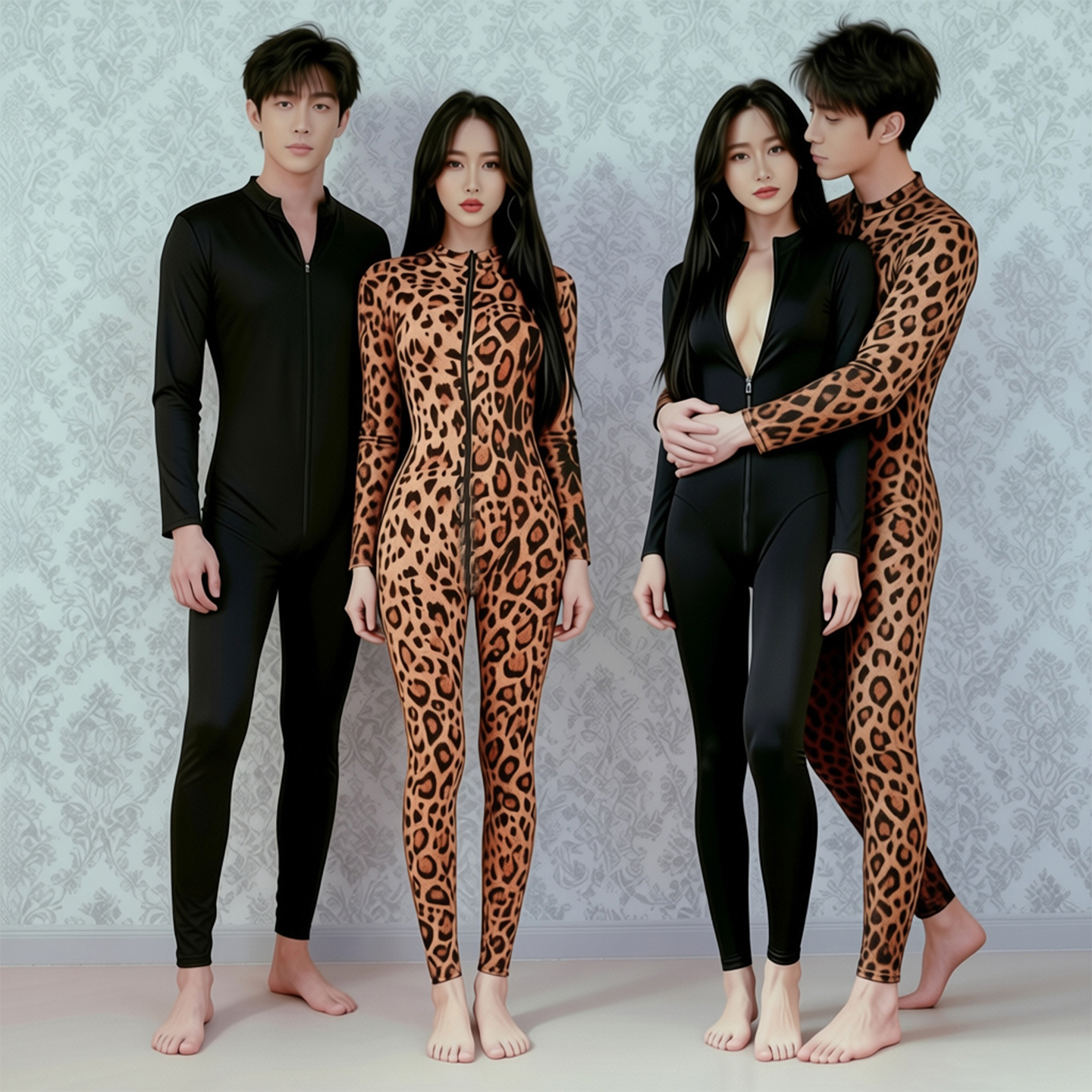 豹纹性感高弹塑身男女免脱连体衣