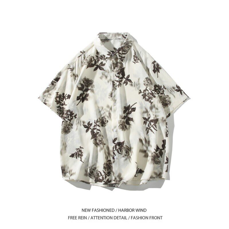 二开冰丝白底平铺大码复古碎花短袖衬衫花衬衣男C659P40控58，男装T恤，电商A029