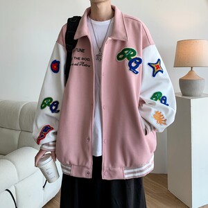情侣新款大码宽松翻领贴标棒球服夹克外套港风男 J835 P98控138图片