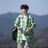 夏季新款二开港风相机片大码格子短袖衬衫衬衣男C652P45控58，男装T恤，电商A029