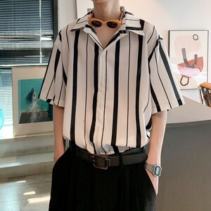 夏季新款港风大码条纹短袖衬衫男 C613 P40 控58图片