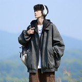 二开原创港风相机片连帽假两件皮衣夹克外套男J876P98控158，男装夹克，电商A029
