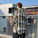 港风大码宽松印花风格格子长袖衬衫衬衣男C620P55控78，男装衬衫，电商A029