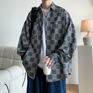 内景牛仔风港风大码宽松印花格子长袖衬衫衬衣男 C623 P60 控88图片
