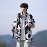 南亚风夏季冰丝港风大码复古碎花短袖衬衫花衬衣男C650P40控58，商品下架区，电商A029