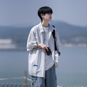 相机片新款港风大码士短袖衬衫条纹衬衫C616 P45 控58图片